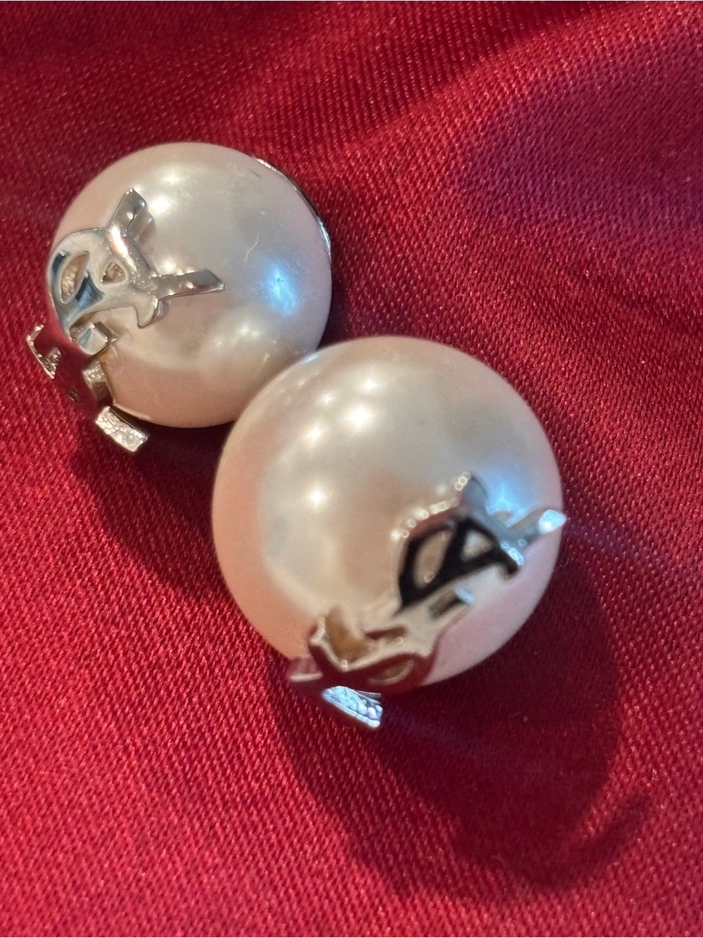 Yves Saint Laurent Paris Silver and Pearl Stud Asymmetrical Earrings